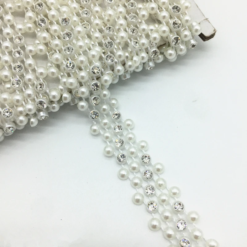 1 Yards 14mm 3 righe catena di strass catena di cristallo di perle cucire su finiture abito da sposa Costume Applique # Z