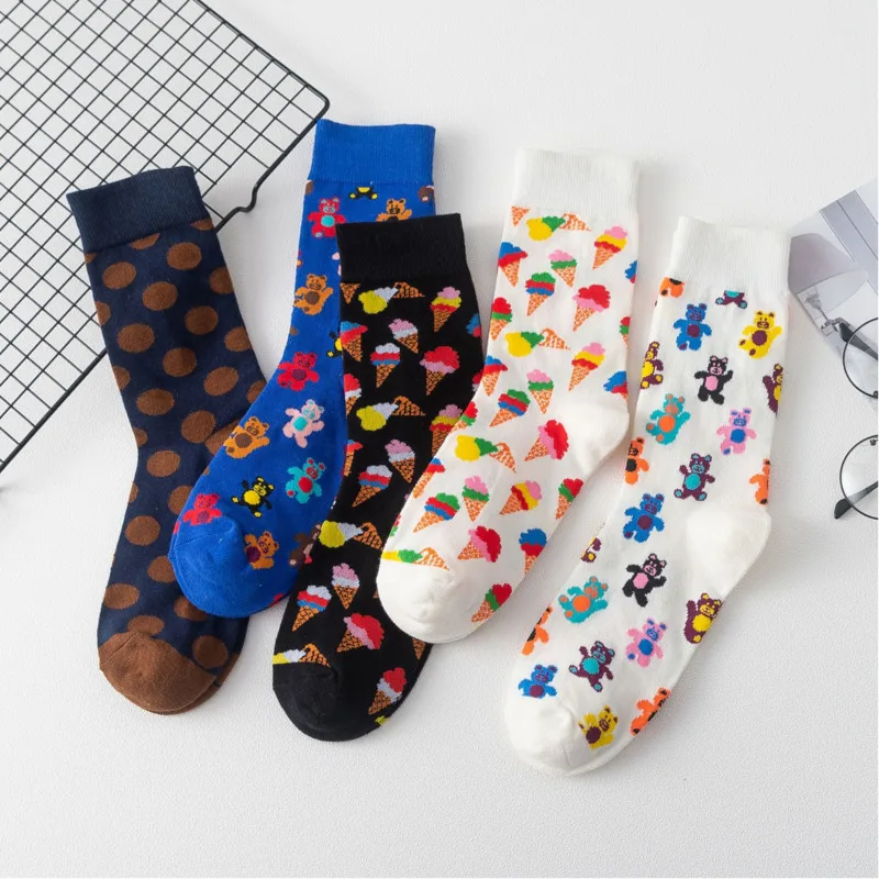 PEONFLY Women Cartoon Bear Ice Cream Cotton Socks Art Female Pattern Short Cute Socks Kawaii Fashion Animal Print Happy Socks