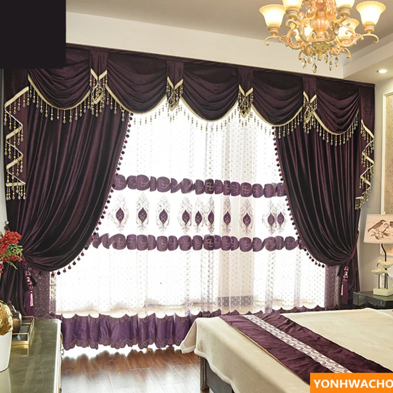 Custom curtains high grade European modern Grape purple thick Italian velvet cloth blackout curtain tulle valance drapes N938