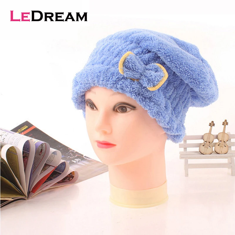 High Quality Quick Hair Drying Cap Hat Microfiber Coral Fleece Ultra Absorbent Hair Towel Dry Wrap Bow-Knot Embellished Cap