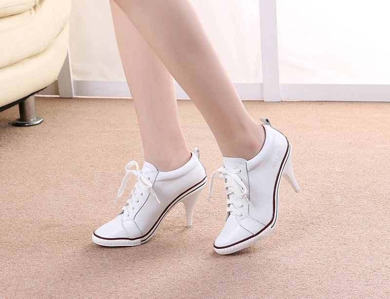 White Real Leather Women Lace Up Pumps Fashion High Heels Stilettos Black Casual Sneakers Heels Large Size 41 Ladies Zapatillas