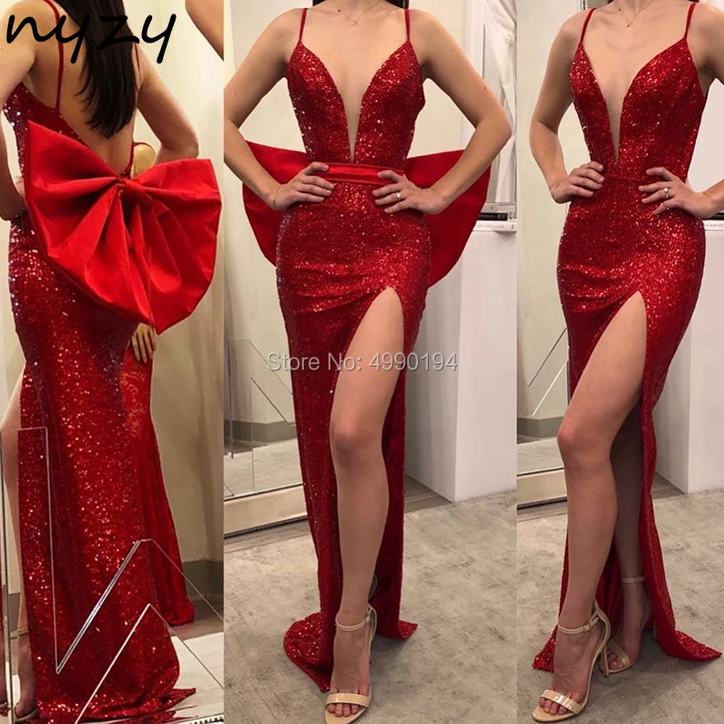 

NYZY P32 Detachable Big Bow Back Sexy Red Prom Mermaid Dress 2019 High Leg Slit Sequin Gown Red Carpet Celebrity