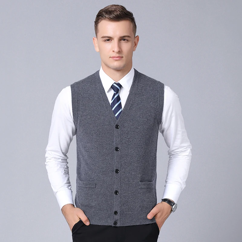 Men's 100% Wool Vest Autumn & Winter Casual Solid Sleeveless Cashmere Sweater Male V-Neck Buttons Knitwear Vest