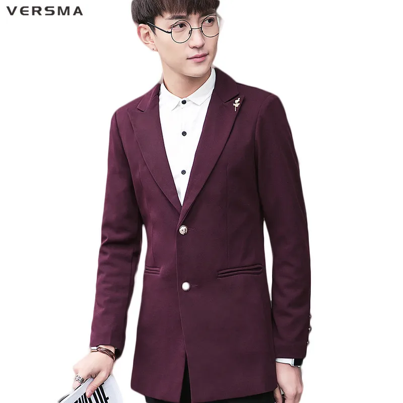 VERSMA Slim Fit Purple Red 2 Buttons Blazer Jacket Men Trajes Chaqueta Mens Long Blazers Suits Designs Long Suit Jacket for Men