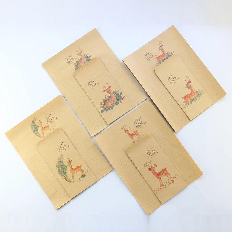 Domikee vintage A4 fawn theme school student evelope and letter pad set stationery,envelope*3 + letter paper*6