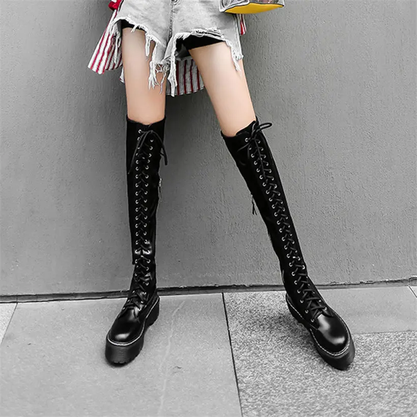 Plus Size Pumps Women Lace Up Straps Over The Knee Motorcycle Boots Female Thigh High Stretchy Fashion Sneakers Big Size Shoes