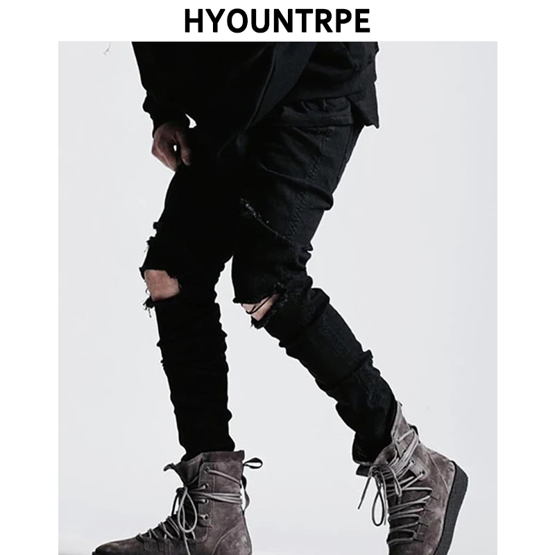 High Street Knee Hole Ripped Biker Jeans Men Slim Fit Elastic Denim Pants Autumn New Casual Black Stretch Hip Hop Pants Jogger