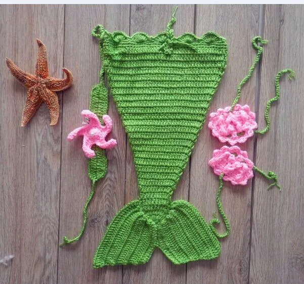 Baby Crochet Mermaid Animal Costume Set Newborn Photo Props Infant Knitted Cocoon with Flower Headbands size:0-1M or 3-4M