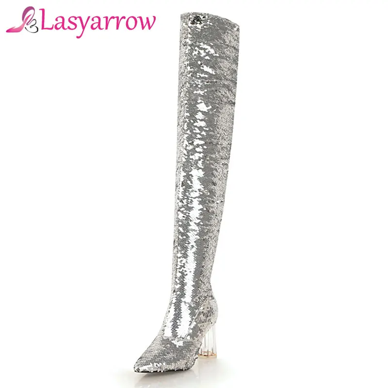 Lasyarrow Autumn Winter High Heels Sexy Over The Knee Boots Gold Silver Knight Boots Glitter Bling Bling Women Nightclub Boots