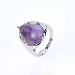 New Silver Plated Water Drop Resizable Natural Amethysts Opal Lapis Stone Ring for Women Girl Party Jewelry Chakra Wedding Rings