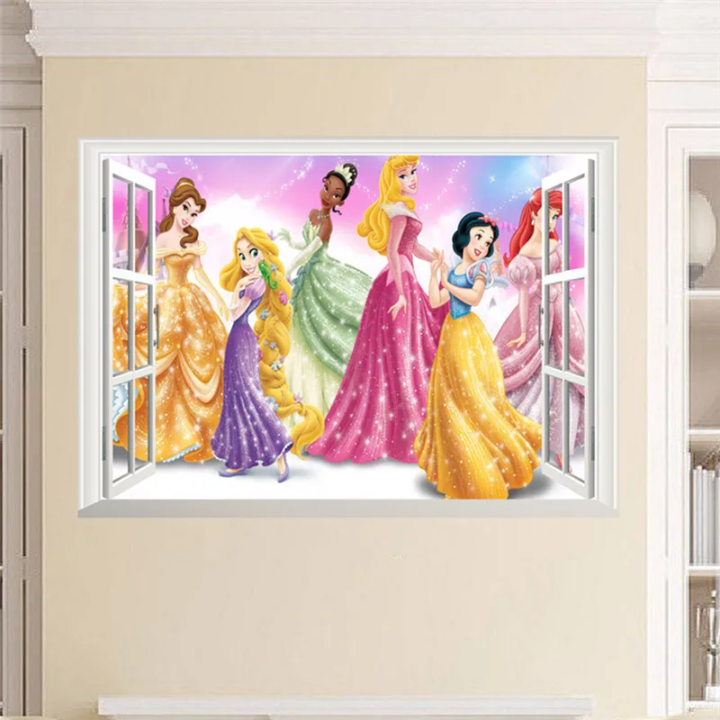 Cartoon Princess 3D Window Wall Sticker For Kids Rooms Wall Decals Home Decor Adesivo De Pared Mural Poster Girl's Gift