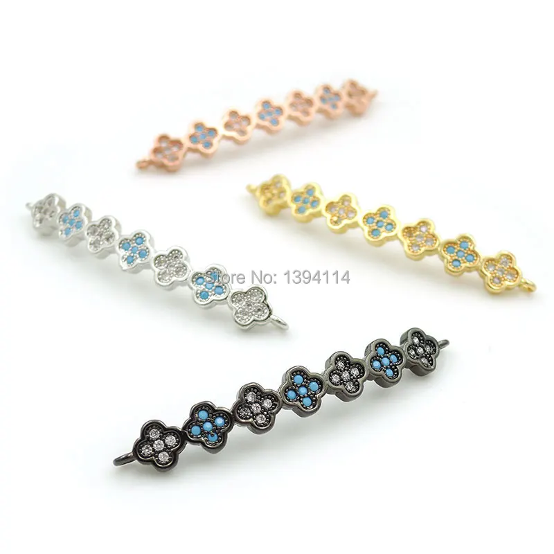 

40*6*3mm Micro Pave Kallaite&Clear CZ Arc Bar Of 7 Clovers Connector Fit For Women As DIY Bracelets Accessory