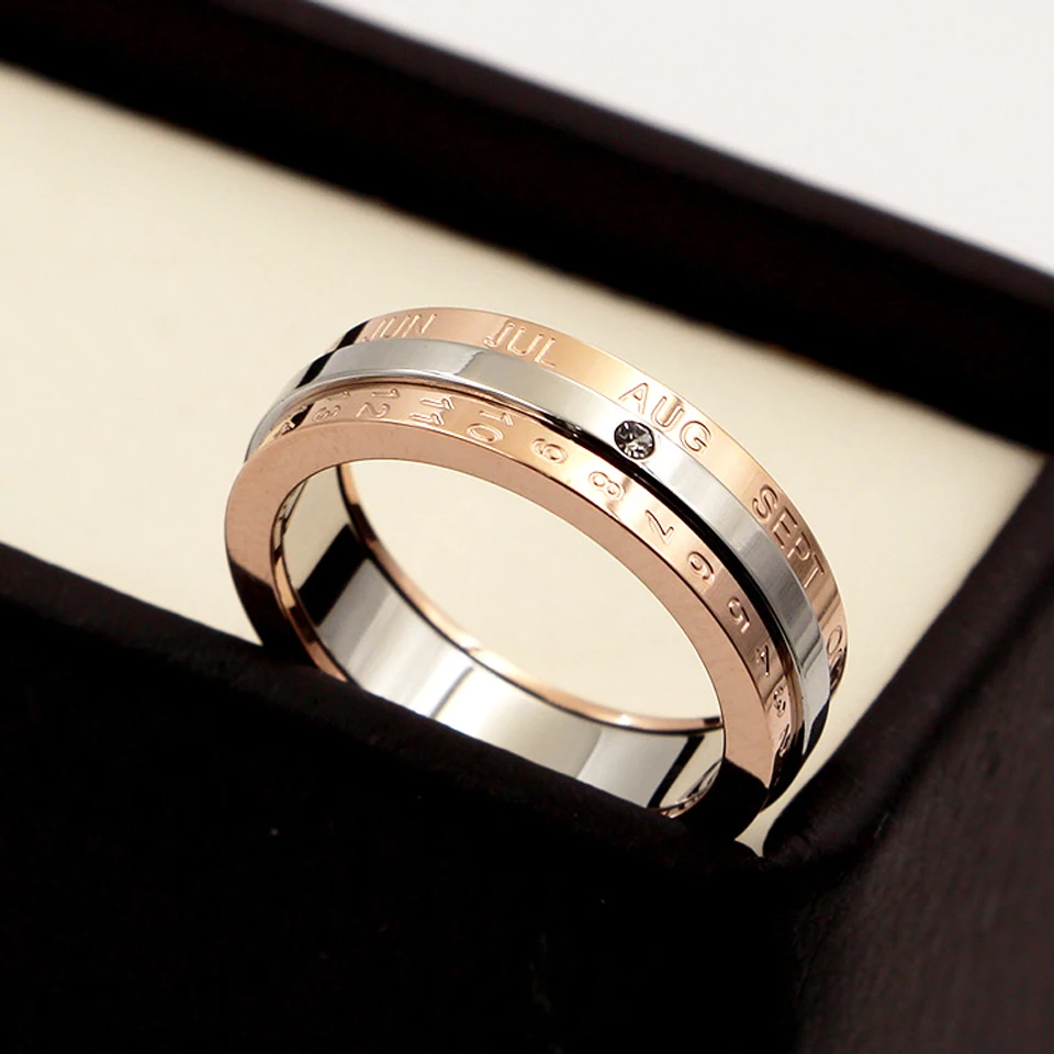 Classic Design Rotation Calendar and Date Ring Titanium Steel High Quality Rose Color Middle Brand Ring Woman Jewelry