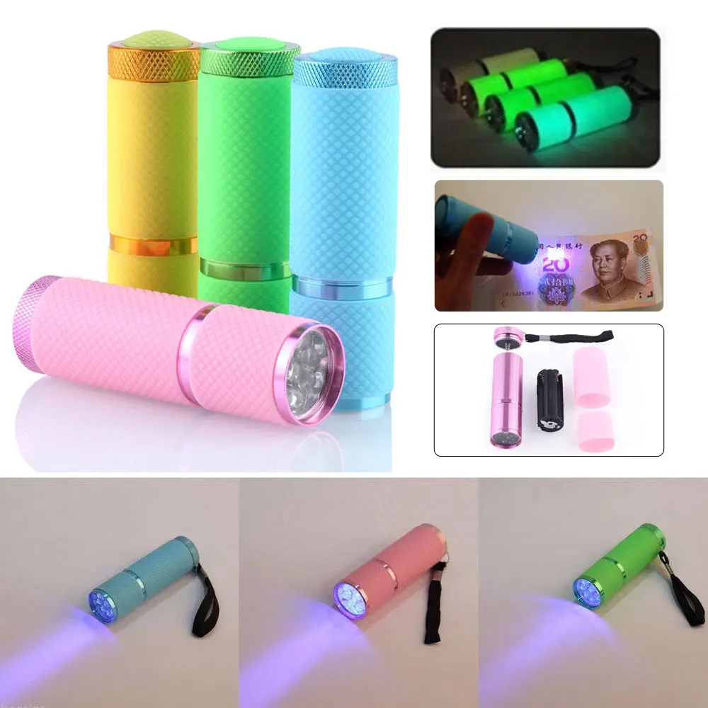 New Portable 9 LED Mini Nail Dryer Curing led Flashlight Multifunction UV Ultra Violet Gel nail Backlight Penlight Torch 395nm