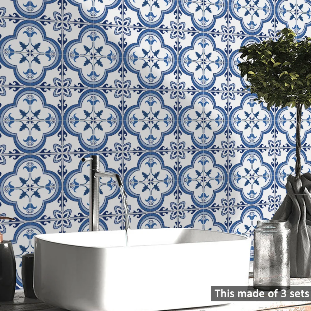 

Waterproof High Quality Portuguese Blue Pattern Bathroom Kitchen Living Room Home Decor Tiles Wall Stickers Waist Line Wallpaper