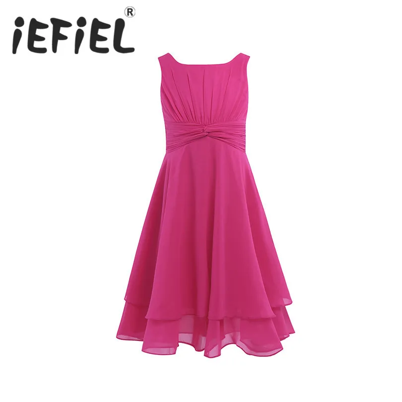 

iEFiEL Girls Chiffon Knotted Waist and Ruched Flower Girl Dress Princess Pageant Wedding Bridesmaid Birthday Party Summer Dress