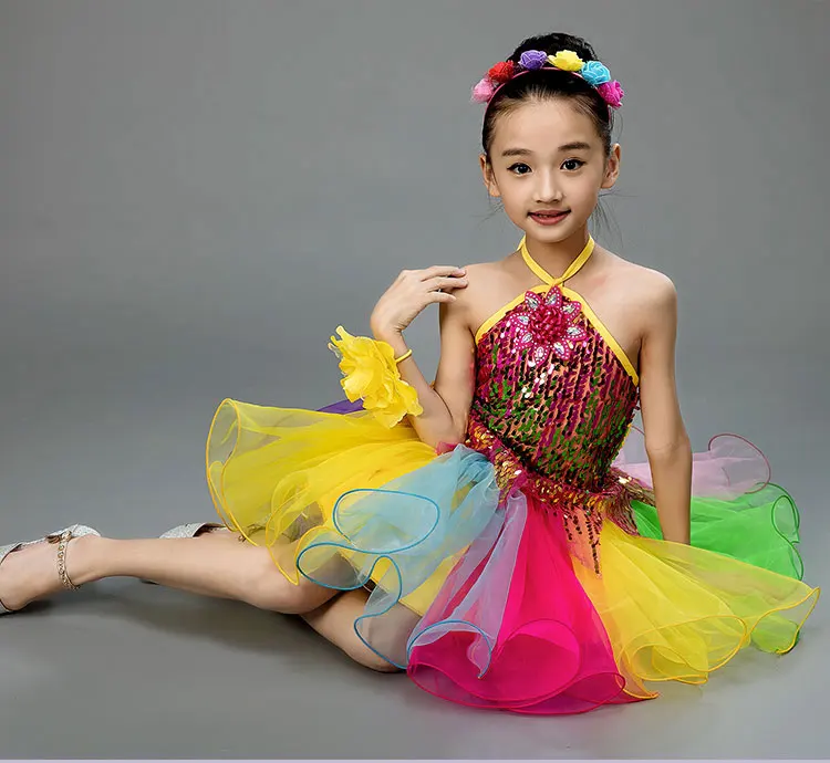 Trajes de baile para niñas, traje de baile moderno con lentejuelas de Salsa, vestido de baile para niñas, Ropa de baile, trajes de escenario para niñas