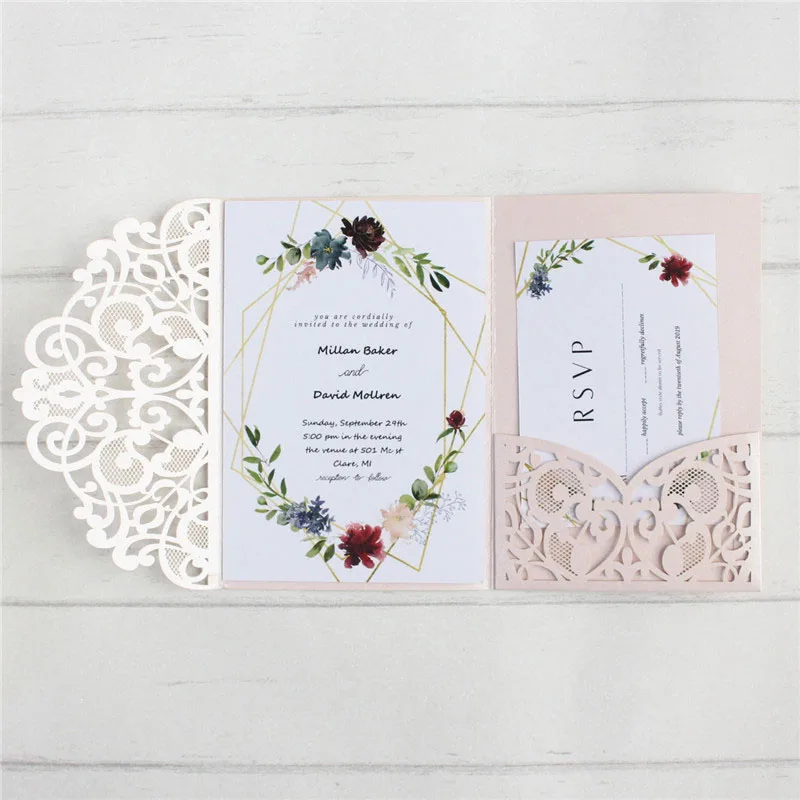 Wedding card invitation holder with envelop 50pcs tri-folding soft pink white retro party decoration customized printing