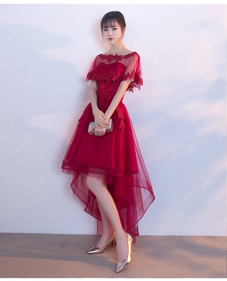 High Low Wedding Party Dress With Appliqued Wrap Lace Strapless Bridesmaid Gowns Tulle Red Formal Dress Vestido De Festa Q028