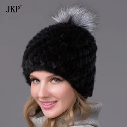 JKP Real Mink Fur Hat For Women Winter Fox Fur Pom-pom Hats Natural Fur Pineapple Cap For Girls Russian Fashion Trend BZ-05