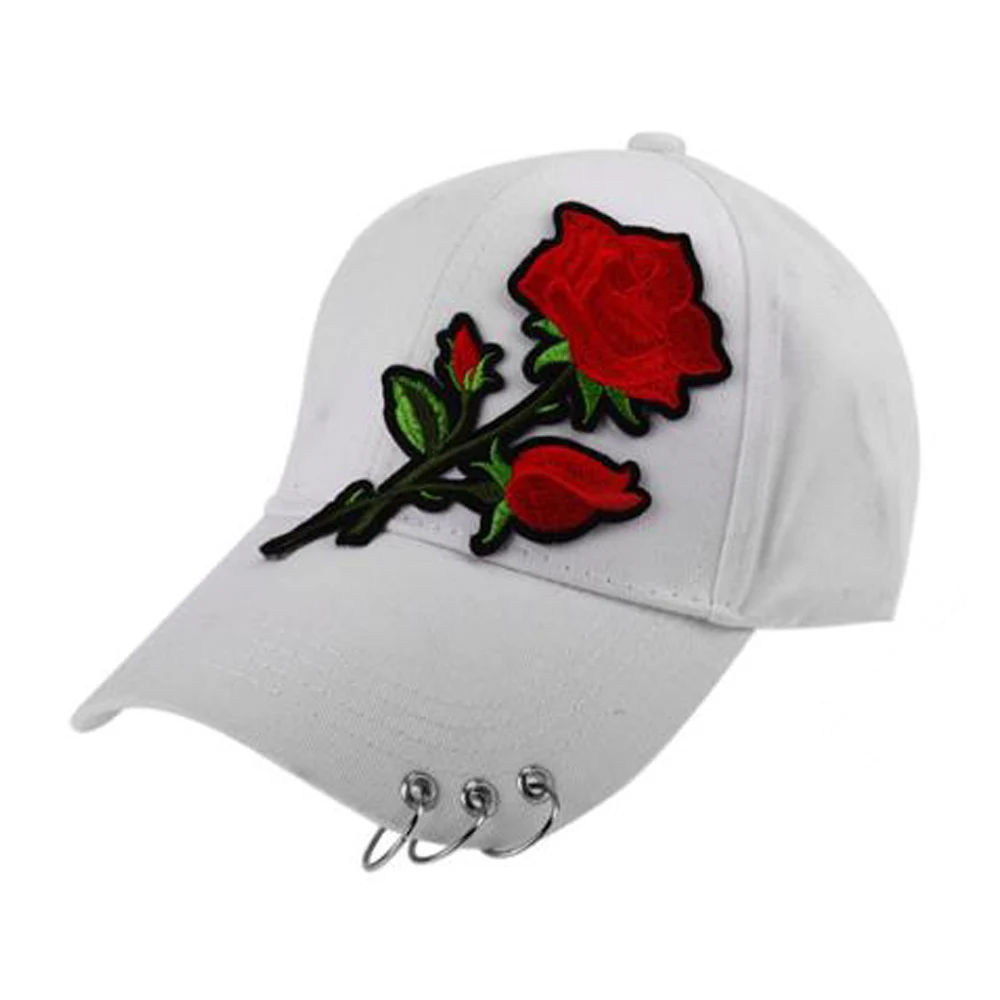 Frauen Männer Hip Hop Kpop Hysterese Baseball Kappe Große Rose Blume Mit Ringe Sport Tanzen Reise Papa Hut Caps Streetwear einstellbar