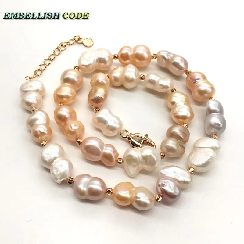 

selling well Baroque keshi style Peanut shape real freshwater pearls statement necklace light to dark color with 3mm golden bead