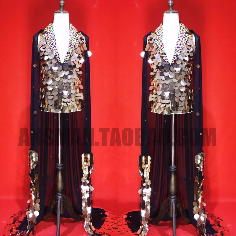 Heavy Mirror detachable Cloak Suit Diamonds Collar vest costume Nightclub male DJ singer Star Stage show performance wear