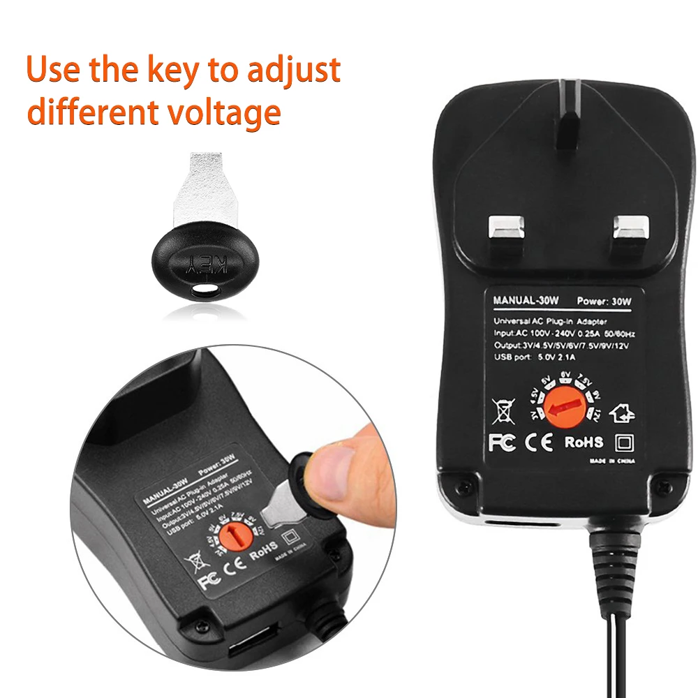 30W US/UK/AU/EU uniwersalny zasilacz 3V 4.5V 5V 6V 7.5V 9V 12V AC ładowarka DC konwerter + 5V 2.1A Port USB z 8 sztuk jack