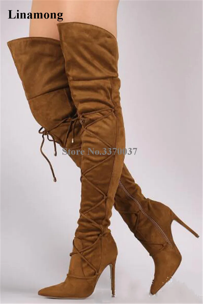 

Women Fashion Pointed Toe Suede Leather Thin Heel Over Knee Gladiator Boots Lace-up High Heel Long Boots Dress Shoes