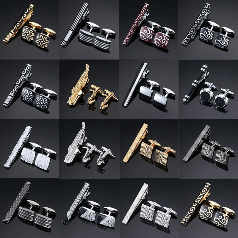 High Quality Cuff links necktie clip for tie pin for men\'s gift Classic pattern tie bars cufflinks tie clip set Men Jewelry