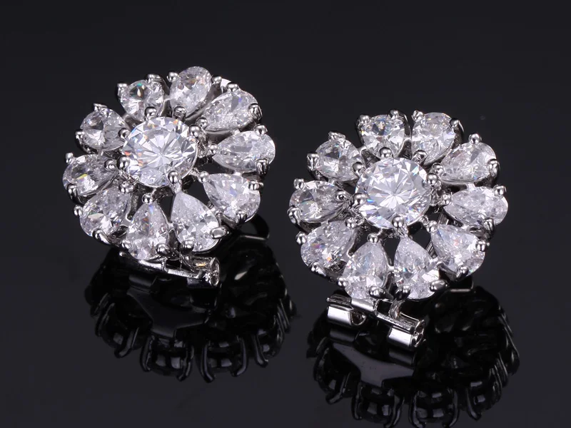 CWWZircons AAA+ Sparkling White CZ Big Round French Clip Stud Summer Flower Earrings For Women Zirconia Jewelry CZ334