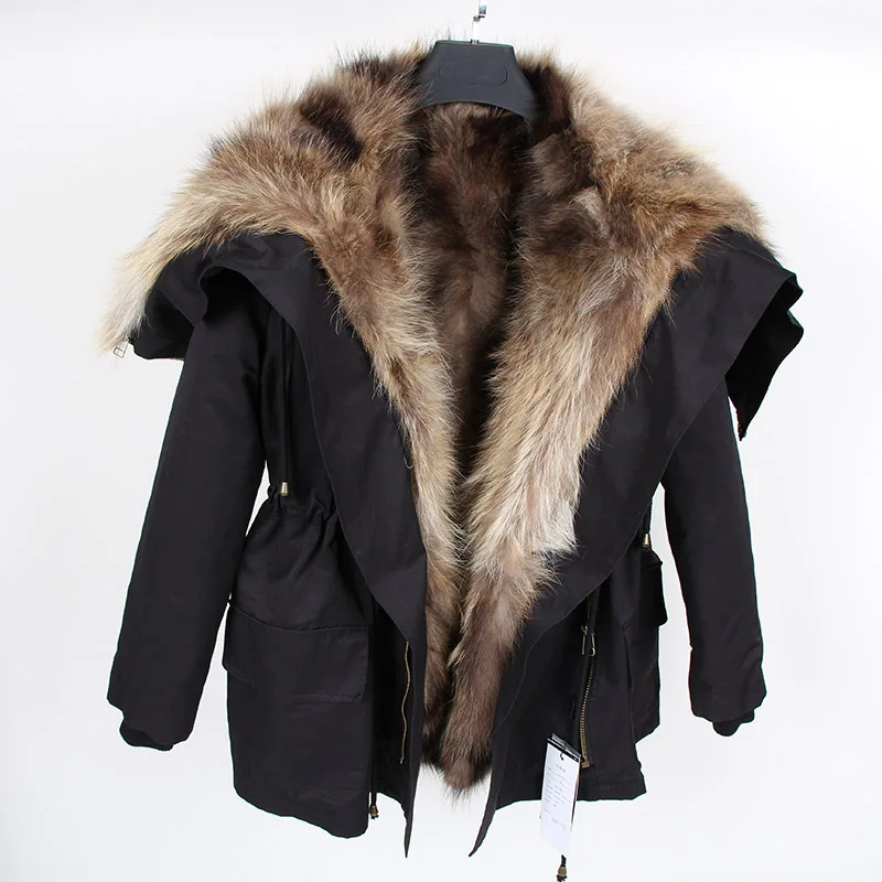 Maomaokong natural rabbit fur lined park black fashion raccoon fur jacket coat natural fox fur coat