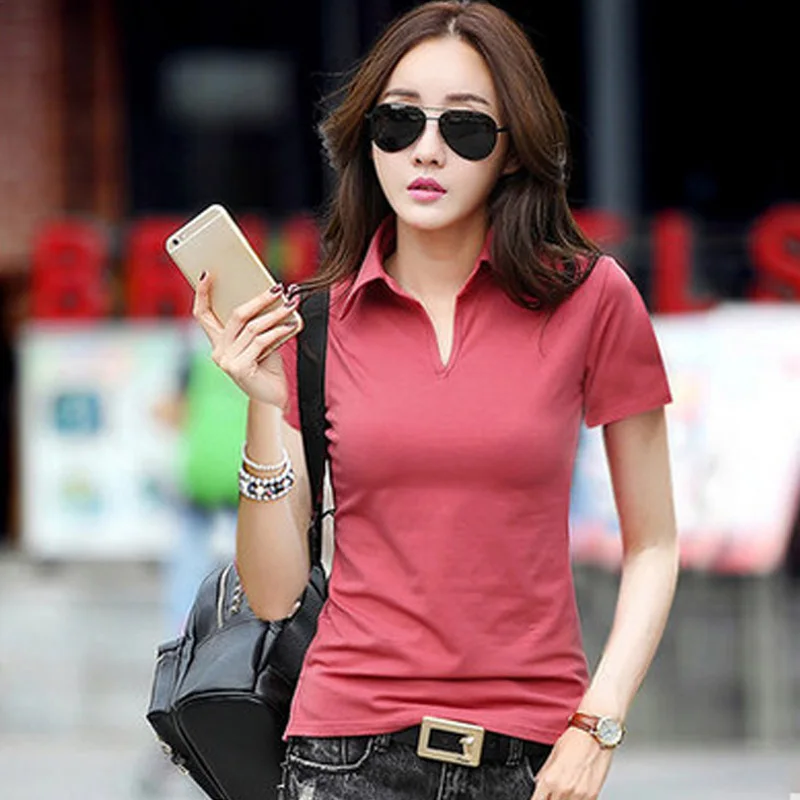 95% Baumwolle T-shirt Sommer Polo Shirt Frauen Kurzarm Solide Schlank Polos Mujer Shirts Tops Mode Plus Größe Polo Femme