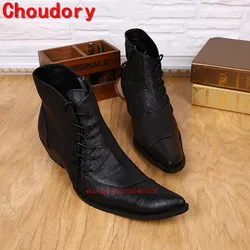 Choudory Botas Hombre Mens Winter Footwear High Top Leather Military Boots Black Square Toe Male Zapatos Italian Boots Mens