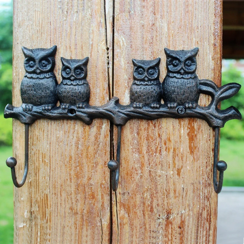 

European Vintage Farm House Accent Four Owls On Branch Design Antique Black Cast Iron Wall Decor Mounted Hook With Three Hangers