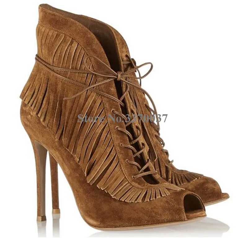 Brand Design Women Fashion Peep Toe Suede Leather Tassels Short Boots Cut-out Lace-up Fringes High Heel Ankle Boots