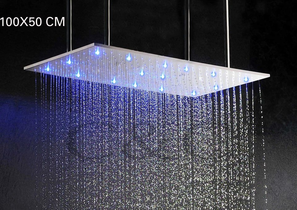 100 X 50 cm Stainless Steel Rainfall LED Rectangle Shower Head With Arms - Free Shipping L-100X50