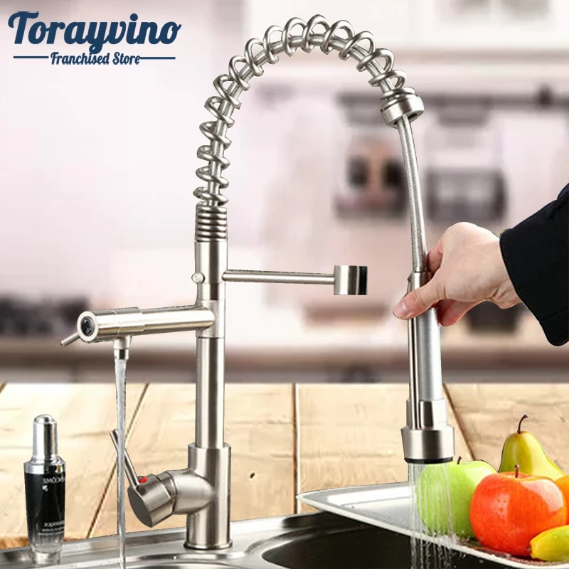 

Kitchen Faucet torneira Pull Out & Down Spray Rotated Kitchen Sink Brass Mixer Tap Swivel Brushed Nickel Faucet Double Spout Tap