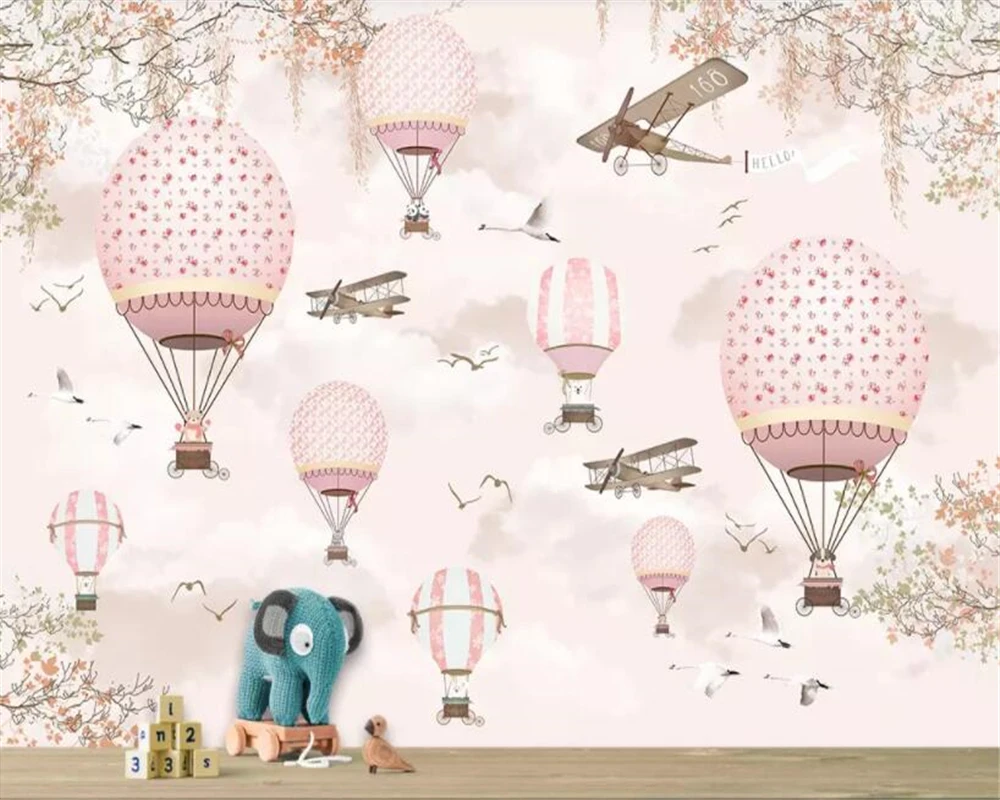 HD cartoon wallpaper for kids room Sky white cloud Pink hot air balloon plane Little bird 3d wall paper mural papel de pared