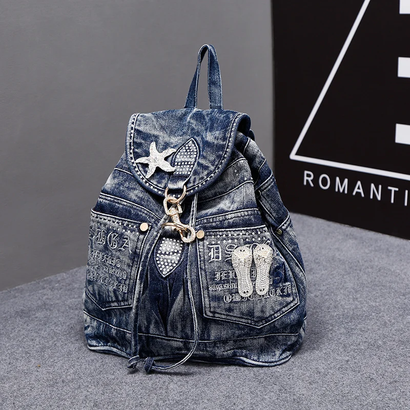 New Vintage Fashion Rhinestone Star Preppy Style Denim Jeans Women Girl\'s Travel Daypack Backpacks Totes School Bag