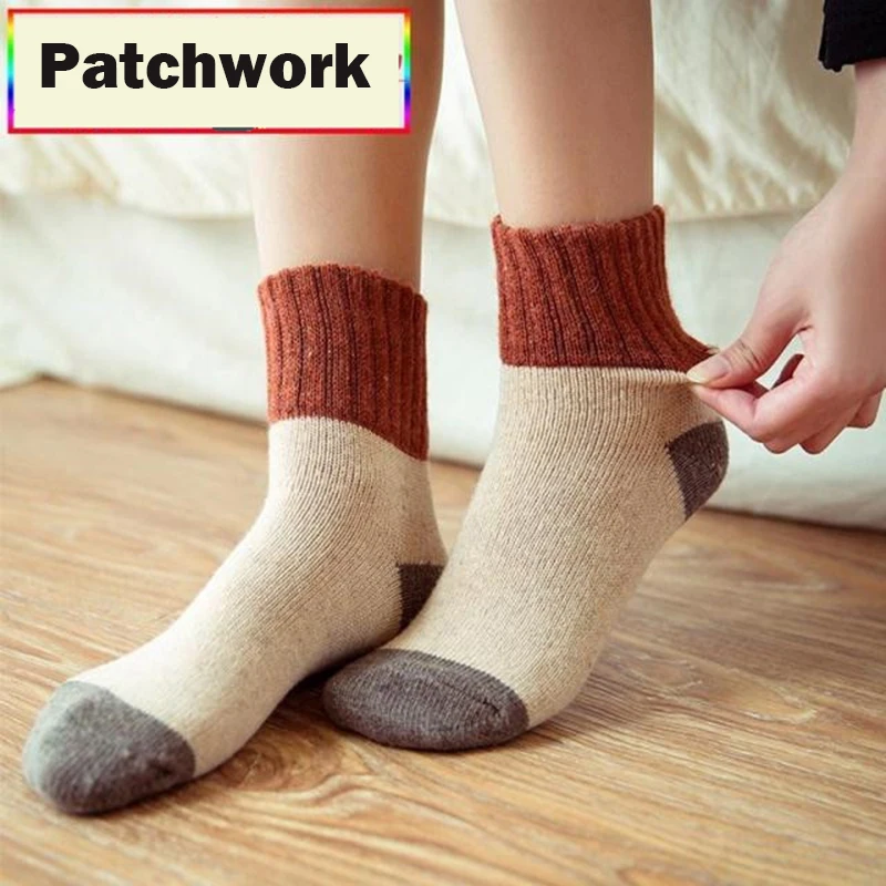 Retro Thickening Women Socks Autumn Winter Rabbit Wool Patchwork Socks Female New Japanese 5 Colors Tube Sock Students Hosiery