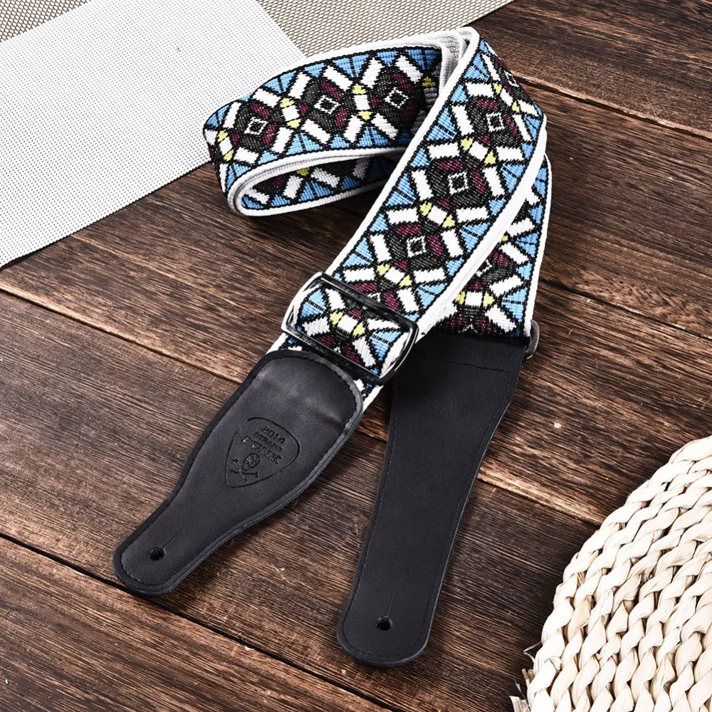 Classic Flowers Stripes Acoustic Electric Guitar Strap Printed Embroidery Fabrics Leather Ends Strap Wholesales Free Shippng