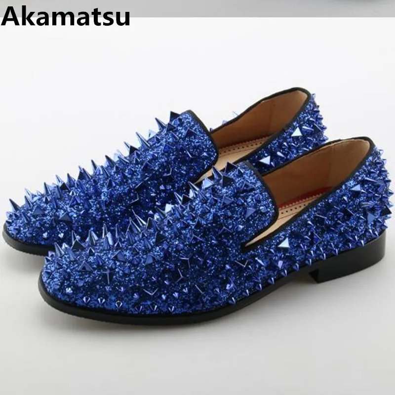 

Akamatsu blue spiked loafers gold dress shoes men leather rivets slip on wedding designer shoes zapatos hombre vestir brogues