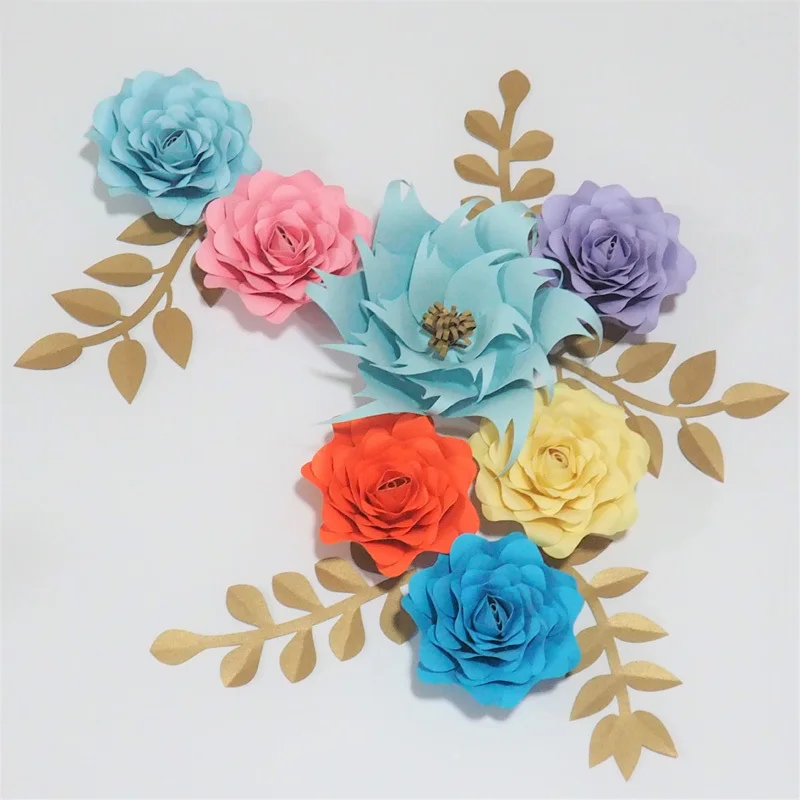 2018 DIY 7pcs Mix Giant Paper Rose 5 Leaves Flores Artificiales Fleur Artificielle For Wedding & Event Backdrop Party Nursery