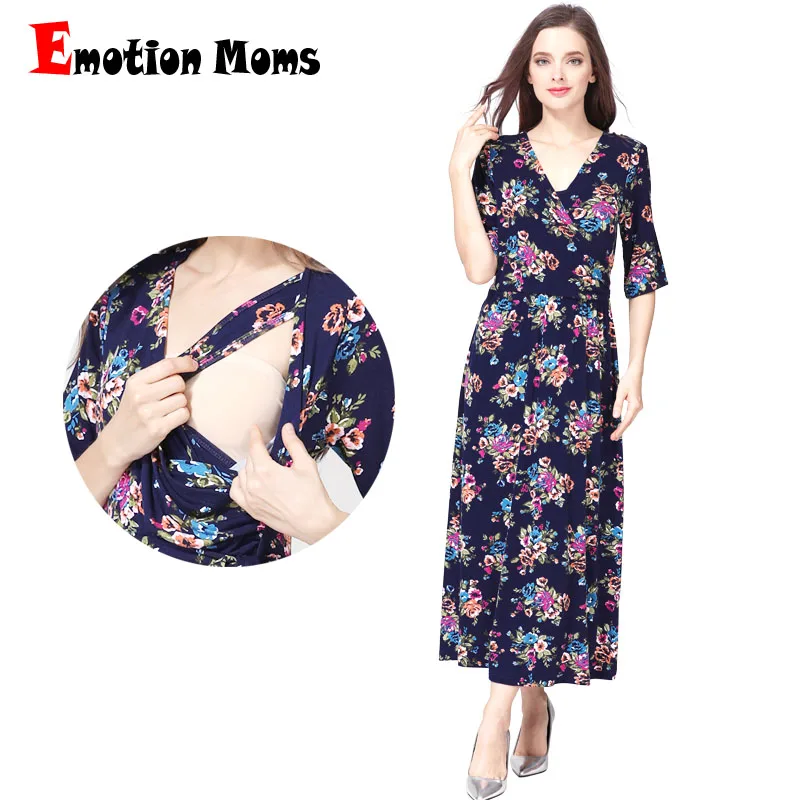 Emotion Moms V-Neck Floral Long Maternity Clothes Breastfeeding Dresses For Pregnant Women Party Maternity Dress