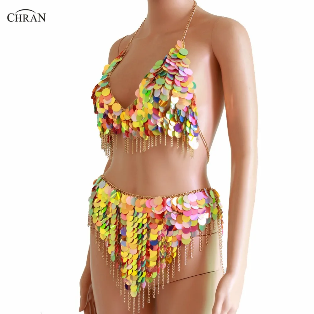 Chran Sequins Fringe Skirt Bra Set Harness Necklace Club Party Women Seascale Chain Bra Dress Festival Crop Top Wear Jewelry