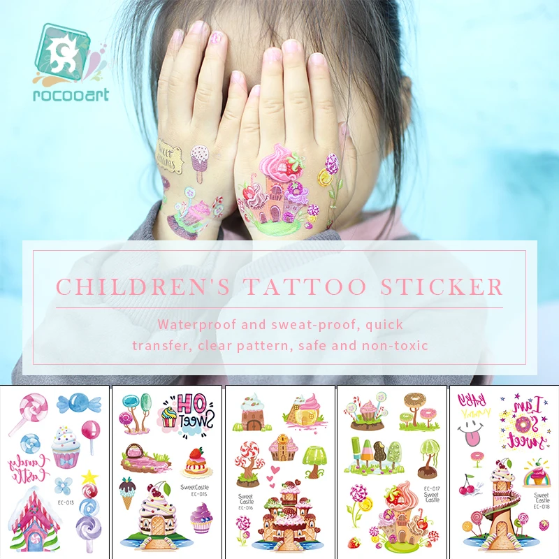 1pcs Rocooart Sweet Castle Temporary Tatto Sticker Cute Pink Candy Ice Cream Magic House Body Art Fake Taty Children