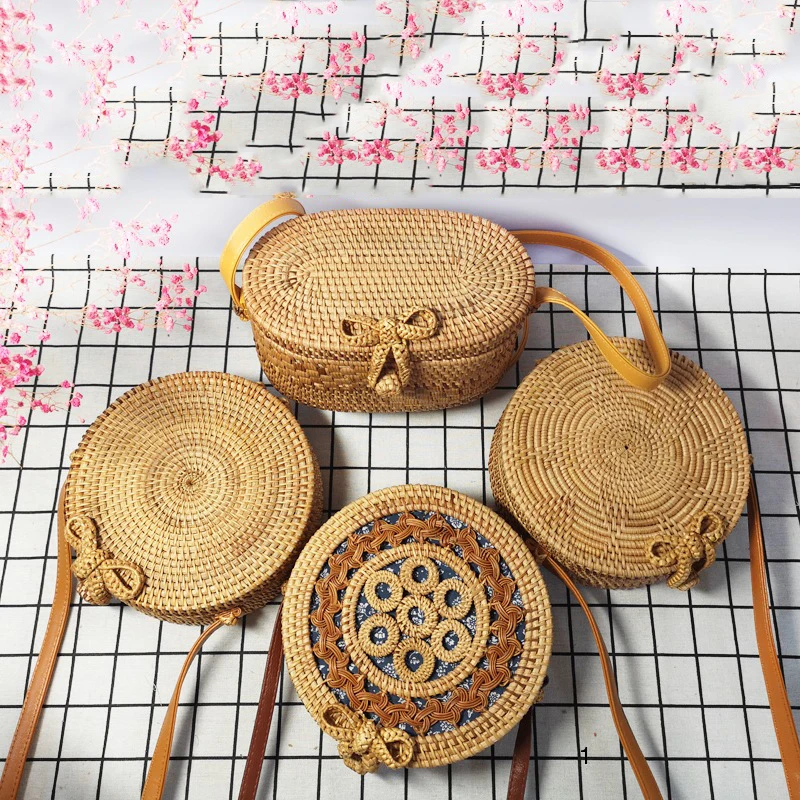 

Bali Rattan Bag Vietnam Handmade Round Square Straw Bag Leather Portable Slung Single Room Bag Female Summer