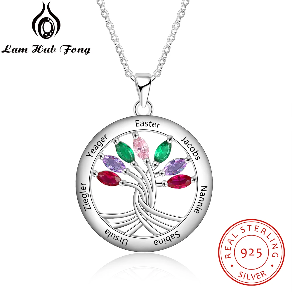 

Personalized Family Tree Pendant Necklaces with 7 Birthstones 925 Sterling Silver Engraved Name Necklaces (Lam Hub Fong)