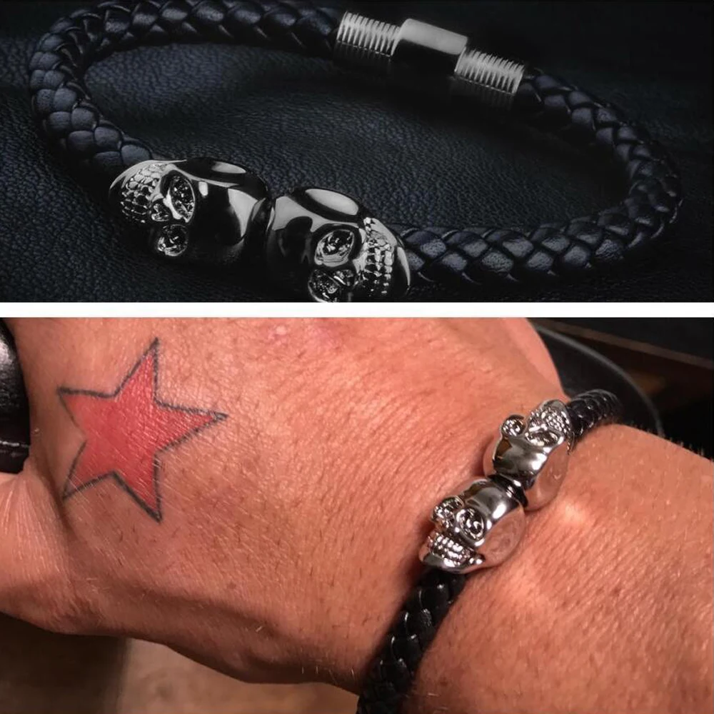 Men Gray Genuine Leather Braided Northskull Bracelet Men Charm Titanium Steel North skull Bracelet For Men Jewelry Gift IB105